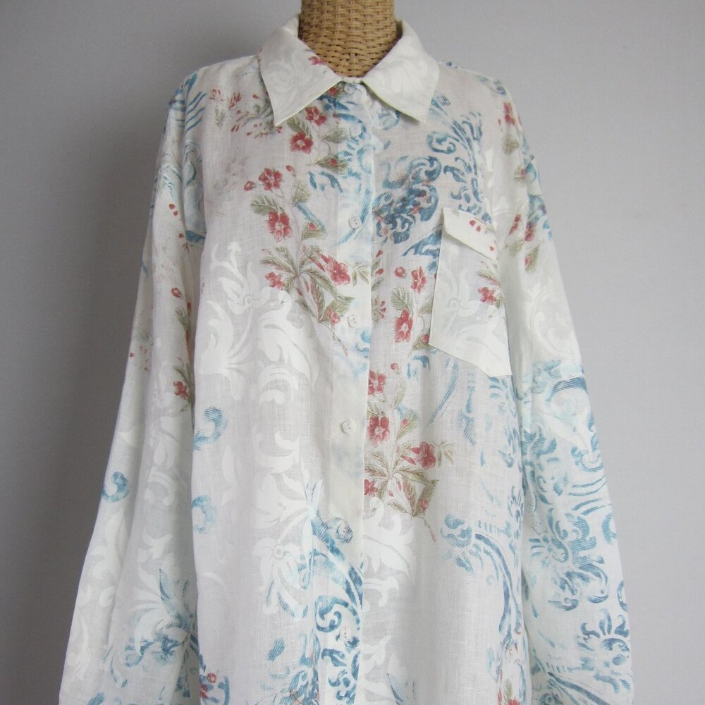New Dana Buchman Womens Plus 24  Blue White Paisley LS LInen Shirt NWT $198